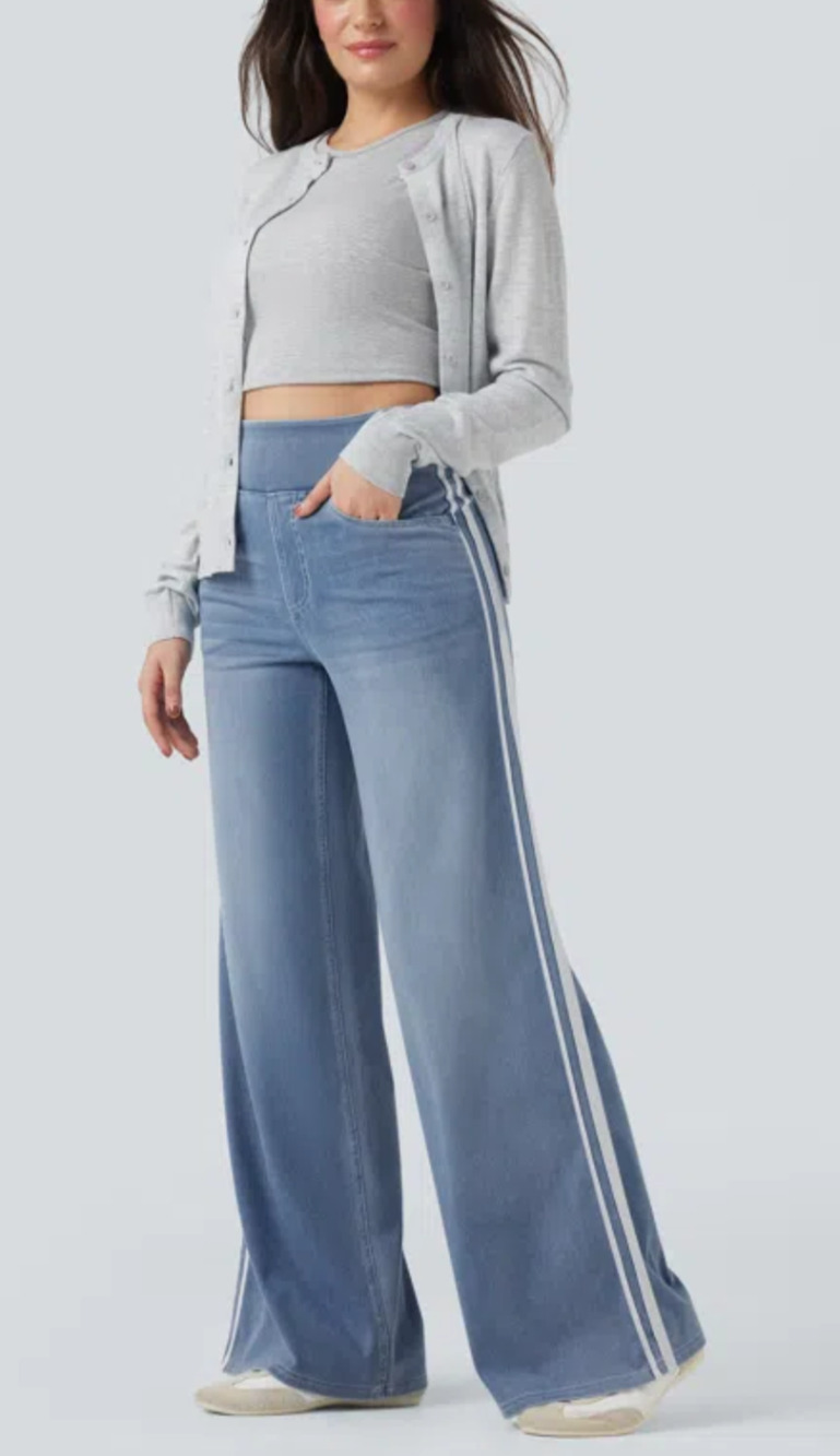 Halara Flex high waisted side stripe wide leg pull on jeans Size S Tall Boho
